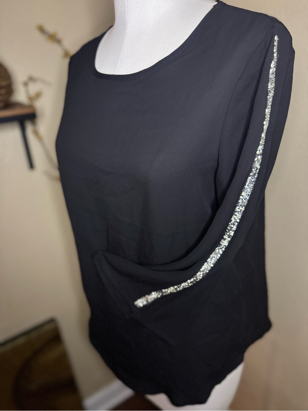 Spense Black Scoop Neck Top with Silver Sequin Sleeve Stripe